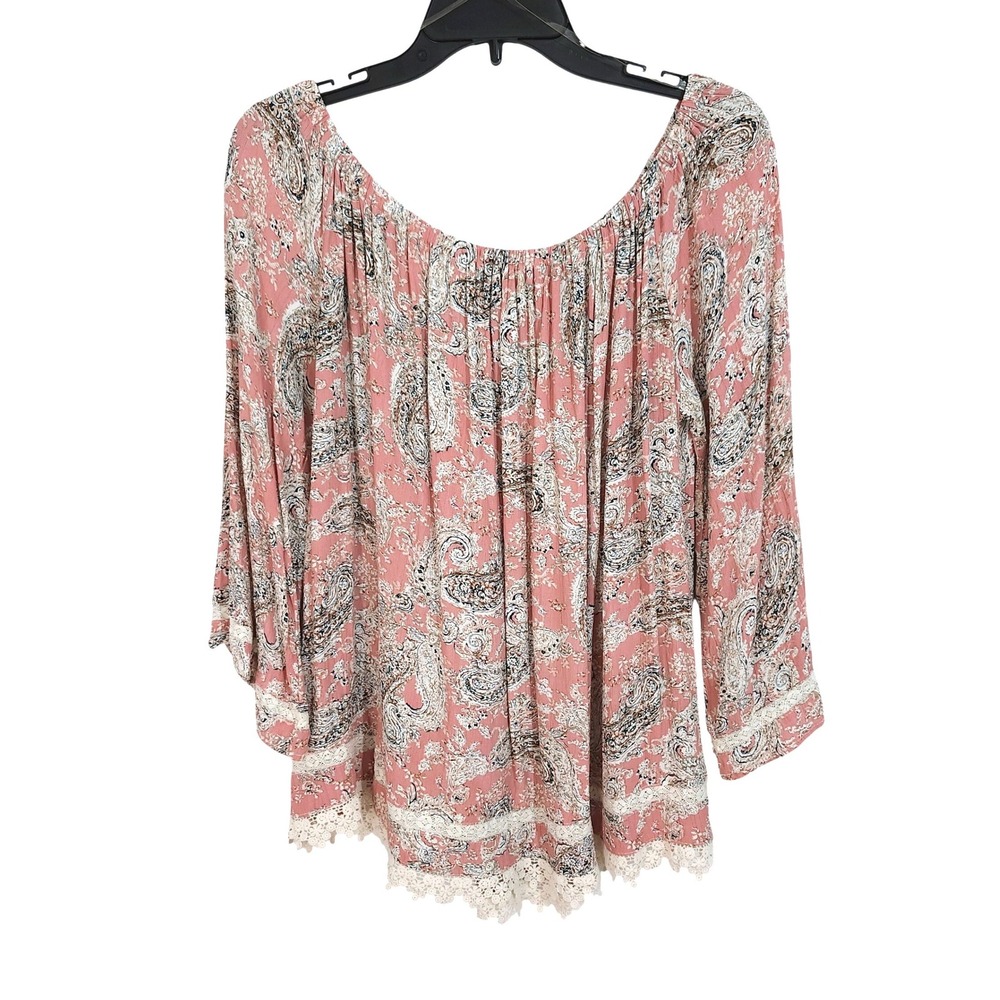 Easel Los Angeles Pink Paisley Crochet Lace Off Shoulder Blouse 3X Bell Sleeve